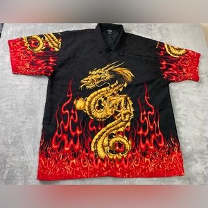 KNU Gear Button Up Shirt Japanese Dragon Flames Mens XL Black Lounge Hawaiian